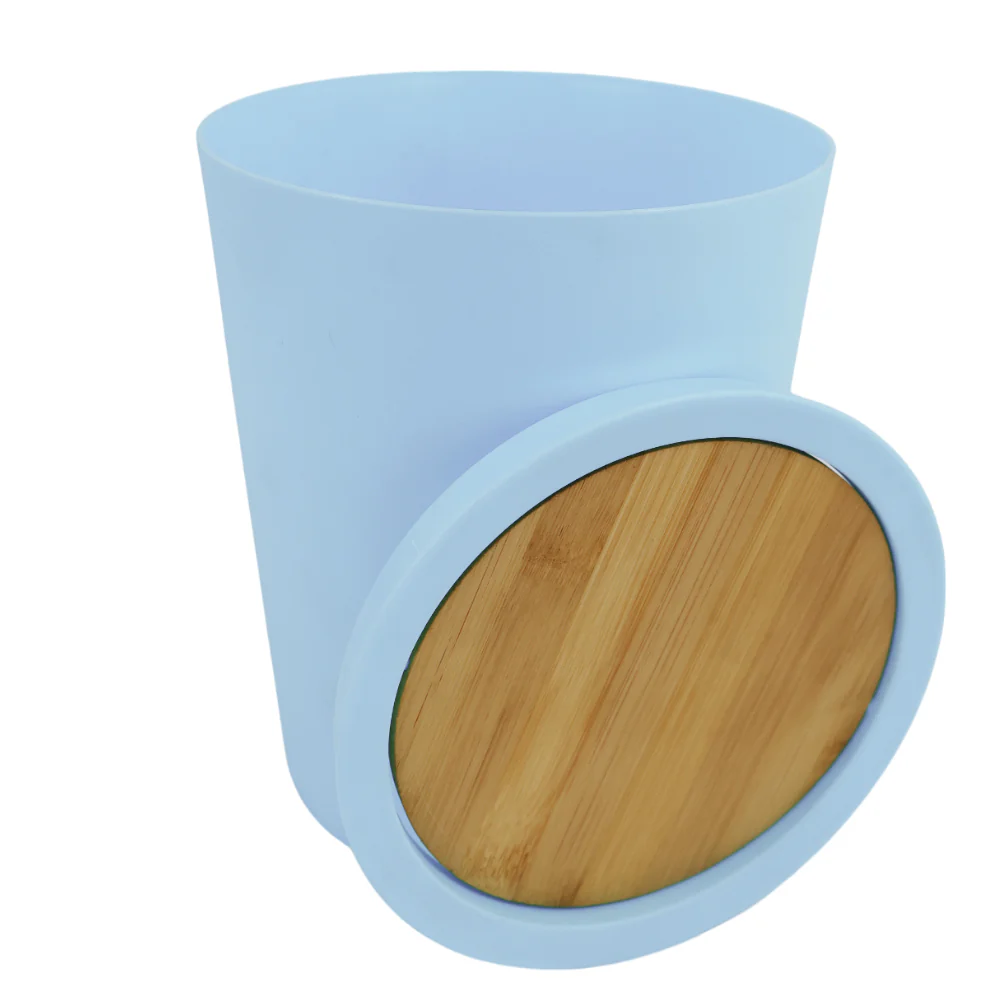 Bote De Basura Azul Con Tapa De Bambú - Image 3